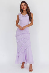 Sangria Cowl Neck Frill Maxi Dress Lilac